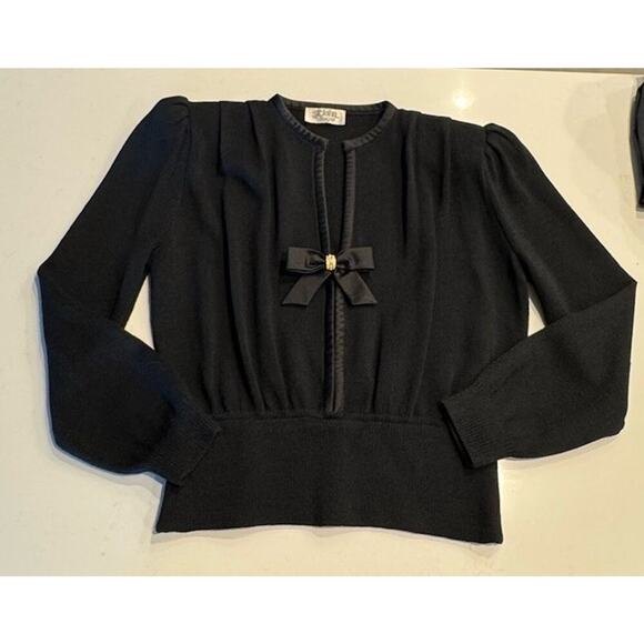 Vintage ST. JOHN Santana Knit Evening Top Women’s Black Satin Bow Retro Bling - Picture 1 of 11